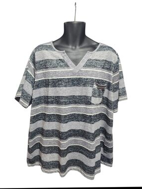 CJ Banks Striped Short Sleeve V-Neck Tee in Gray and Black